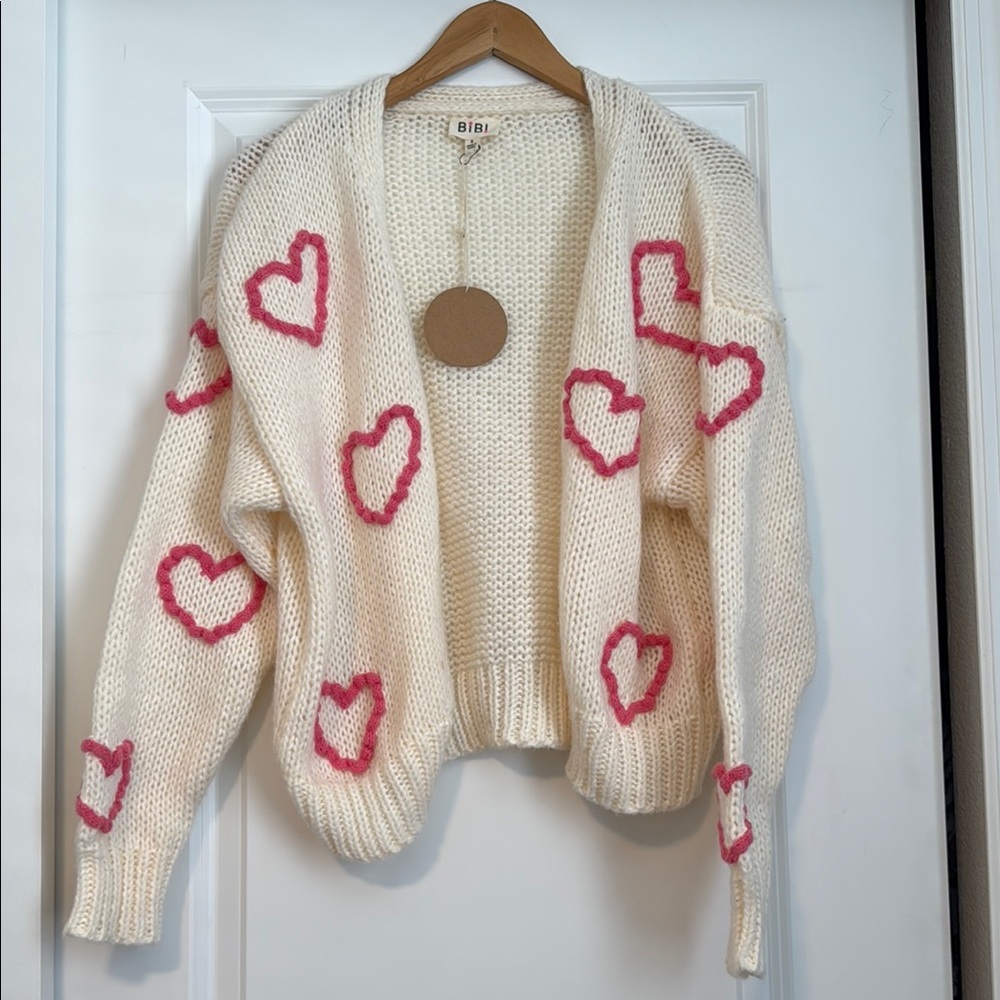 Bibi Cream Sweater with Pink Heart Accents
